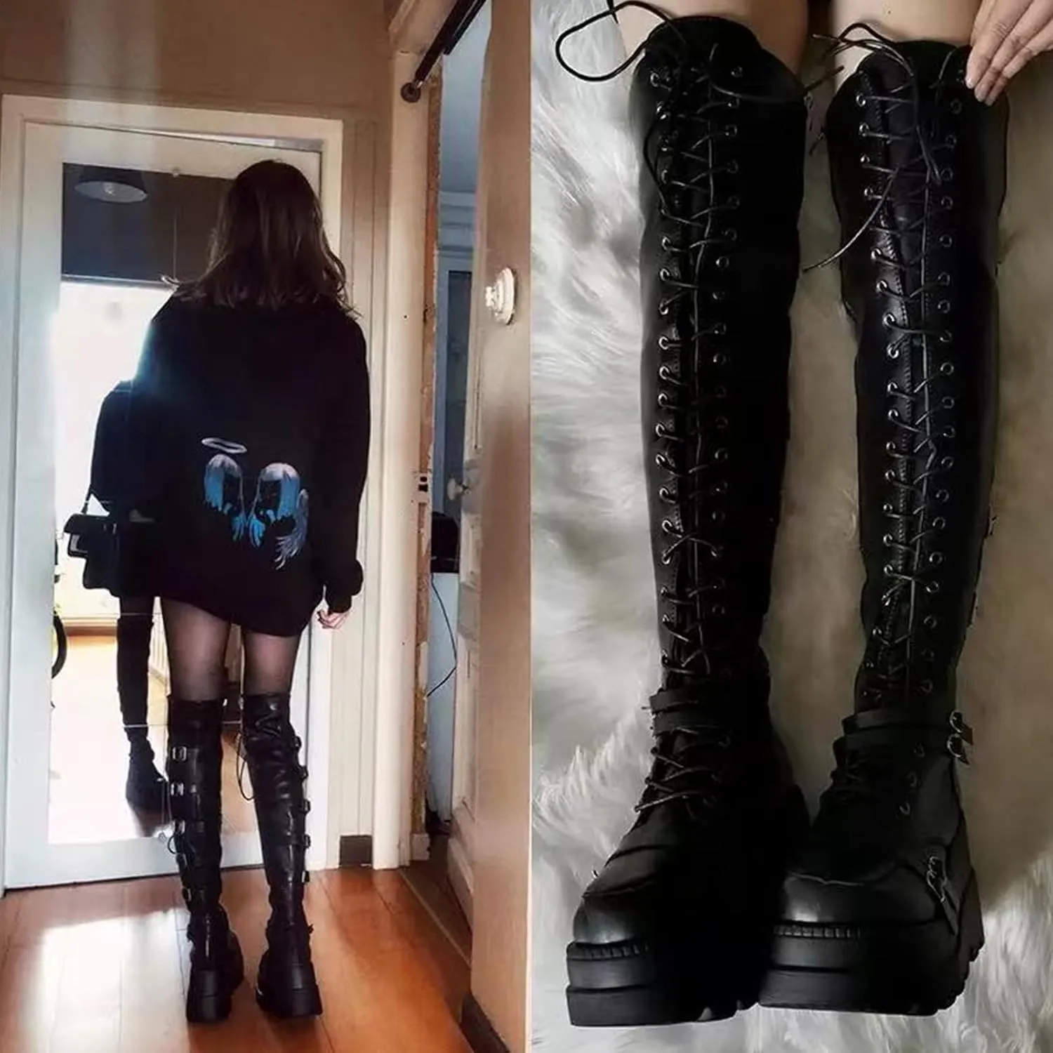Womens High Platform Over The Knee Thigh Wedges Booties Winter Buckles Punk Knee Thigh High Combat Motorcycle Boots