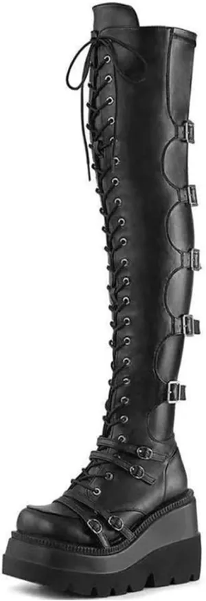 Womens High Platform Over The Knee Thigh Wedges Booties Winter Buckles Punk Knee Thigh High Combat Motorcycle Boots
