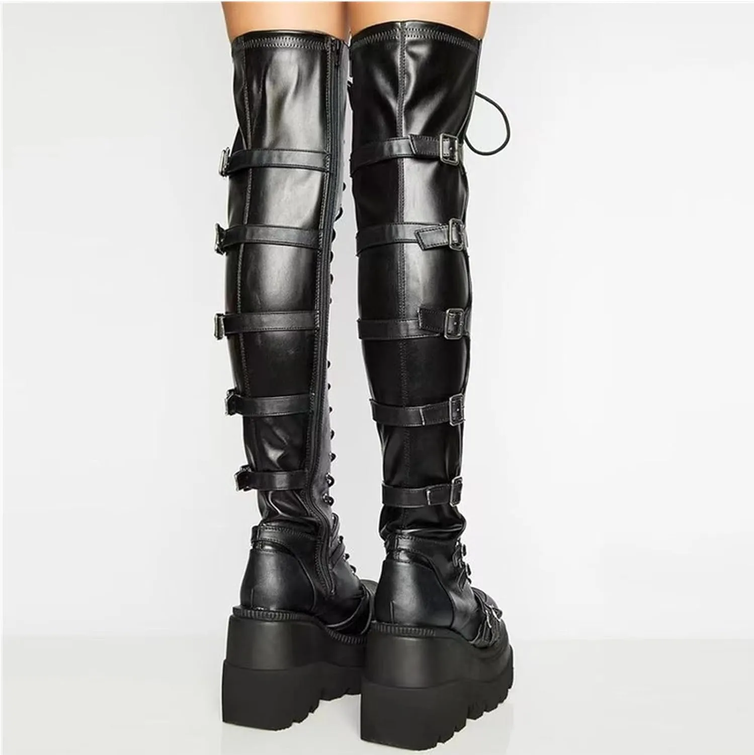 Womens High Platform Over The Knee Thigh Wedges Booties Winter Buckles Punk Knee Thigh High Combat Motorcycle Boots