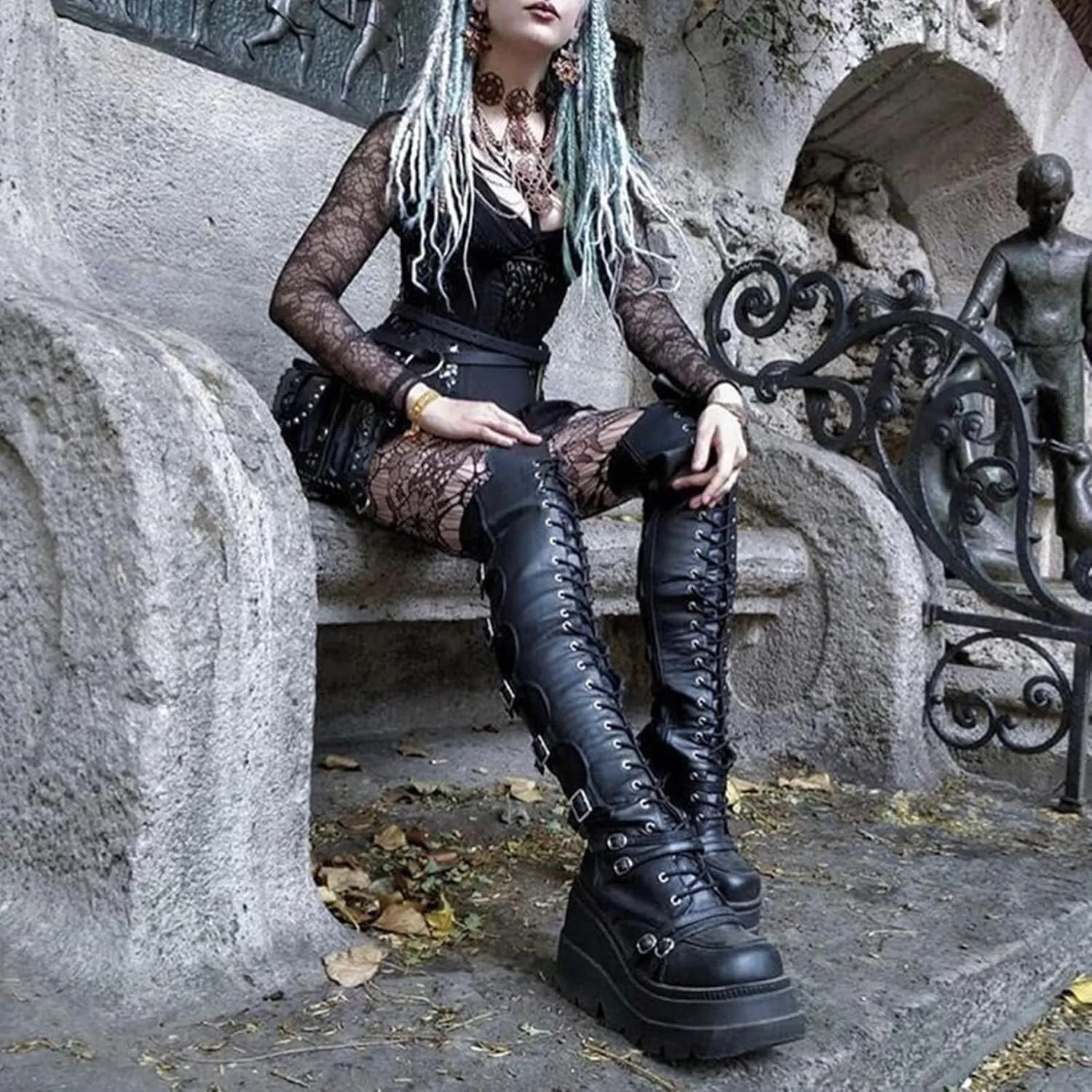Womens High Platform Over The Knee Thigh Wedges Booties Winter Buckles Punk Knee Thigh High Combat Motorcycle Boots