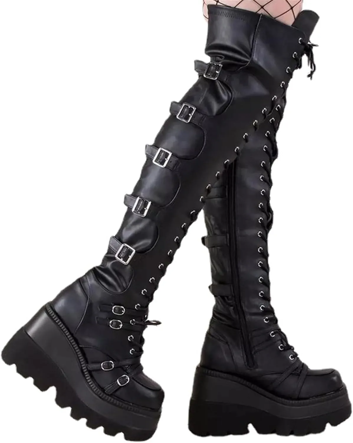 Womens High Platform Over The Knee Thigh Wedges Booties Winter Buckles Punk Knee Thigh High Combat Motorcycle Boots