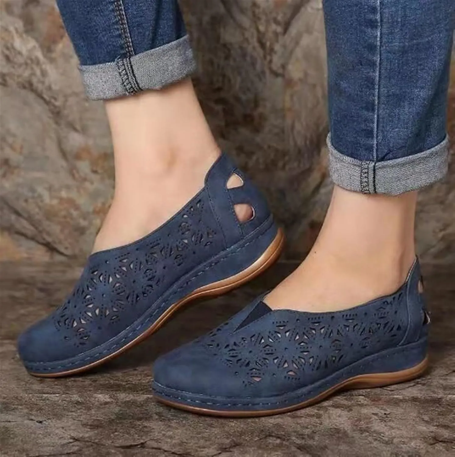 Women's Hollow Out Slip-Ons Loafers Ladies Classic Round Toe Flowers Flat Shoes Comfort Backless Outdoor Anti Slip Orthotic Sandals for Walk Travel