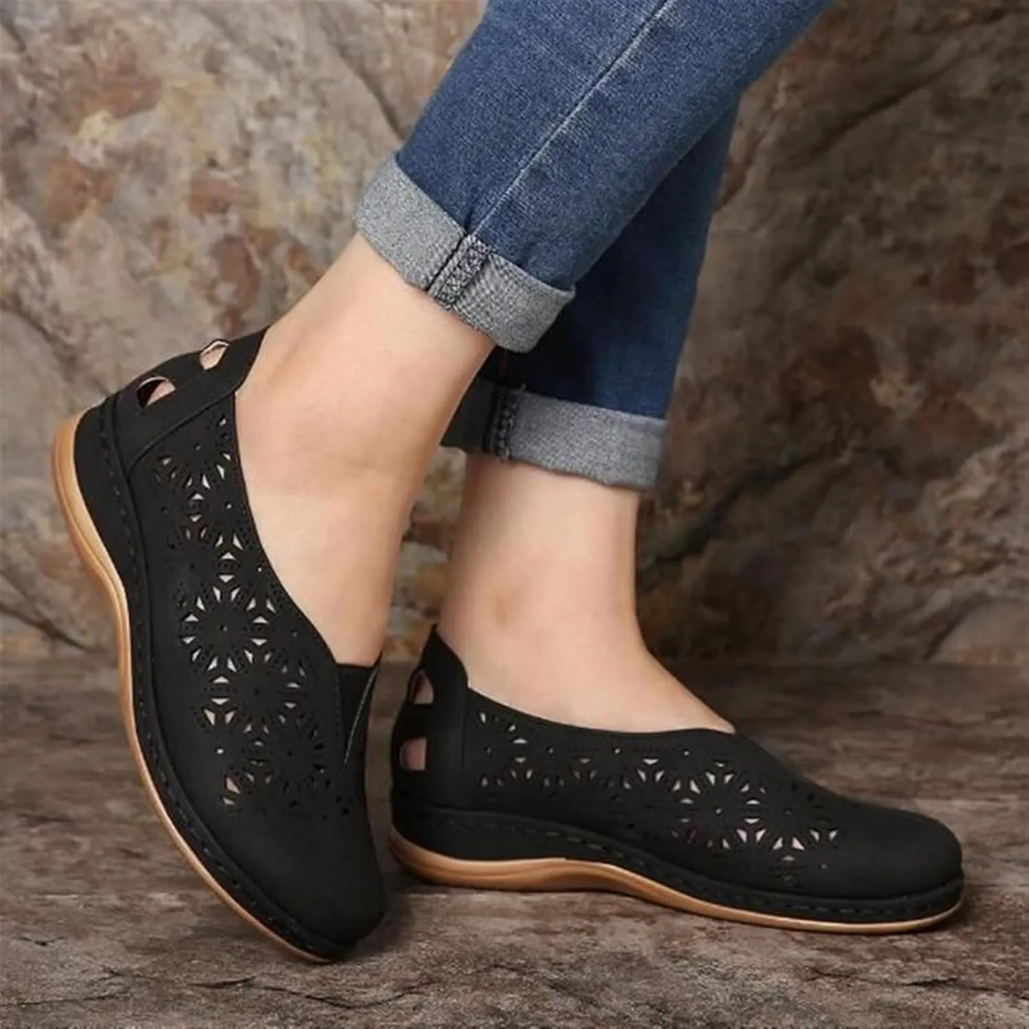 Women's Hollow Out Slip-Ons Loafers Ladies Classic Round Toe Flowers Flat Shoes Comfort Backless Outdoor Anti Slip Orthotic Sandals for Walk Travel