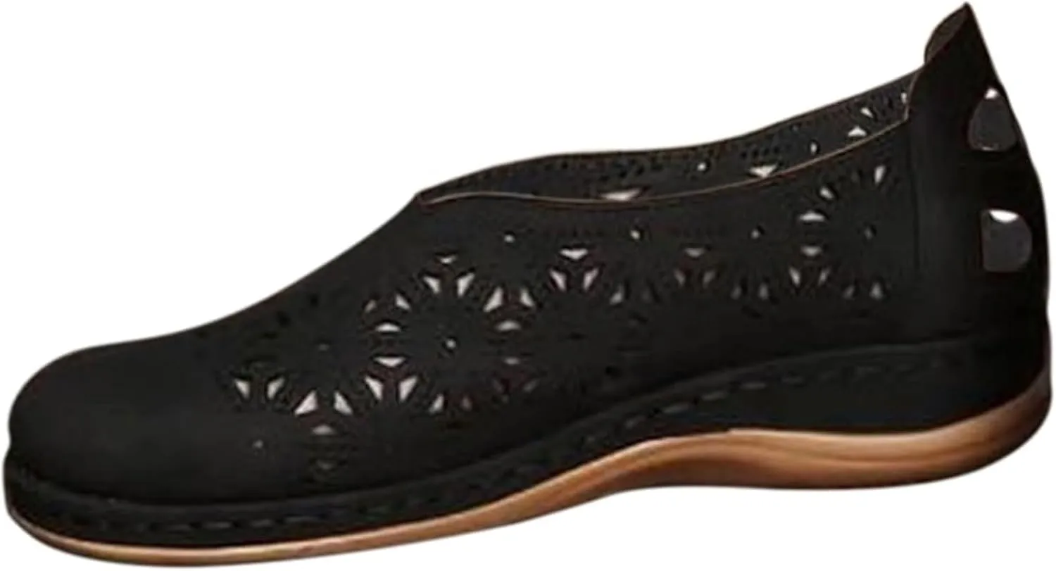 Women's Hollow Out Slip-Ons Loafers Ladies Classic Round Toe Flowers Flat Shoes Comfort Backless Outdoor Anti Slip Orthotic Sandals for Walk Travel