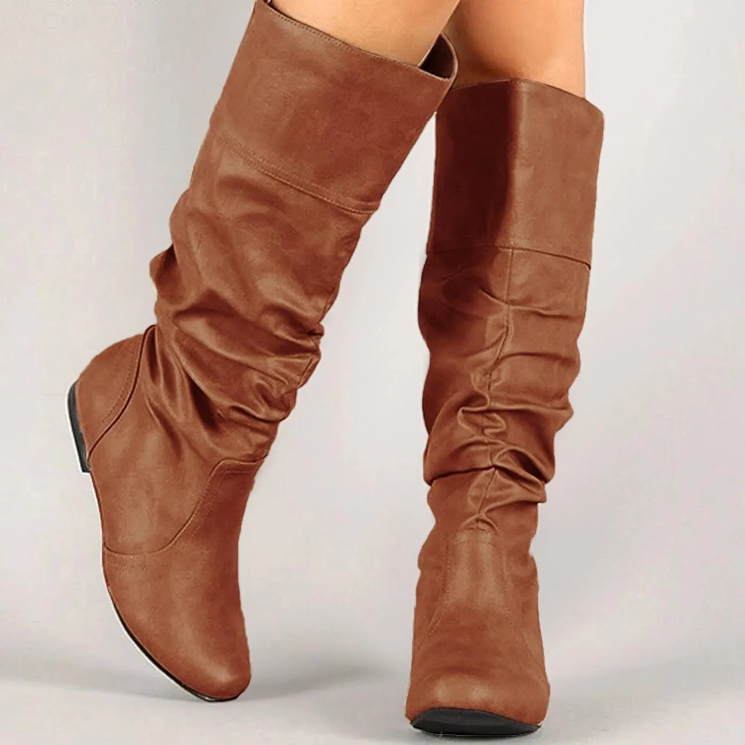 Womens Knee High Boots No Heel,Casual Pull On Tall Boots Slouchy Leather Flat Booties Wide Calf Boots for Women 2024