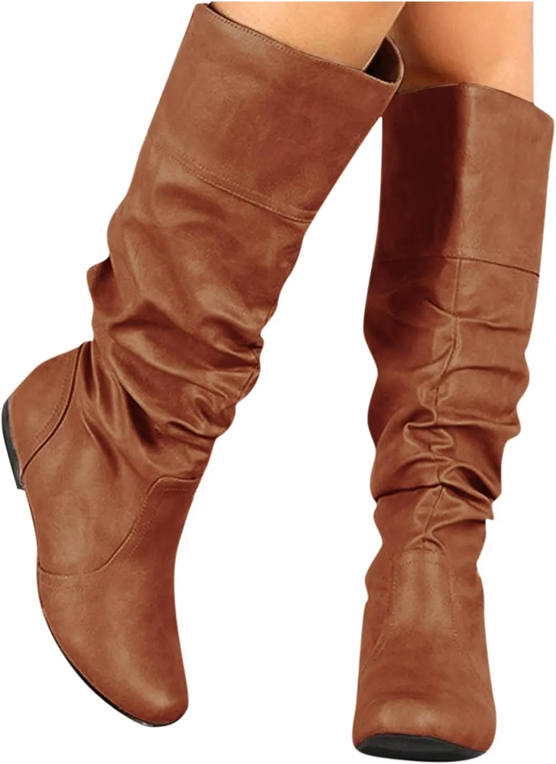 Womens Knee High Boots No Heel,Casual Pull On Tall Boots Slouchy Leather Flat Booties Wide Calf Boots for Women 2024