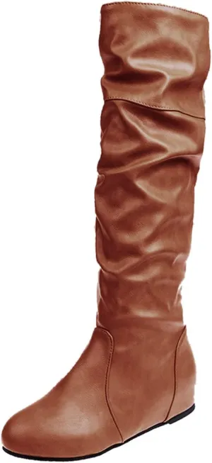 Womens Knee High Boots No Heel,Casual Pull On Tall Boots Slouchy Leather Flat Booties Wide Calf Boots for Women 2024
