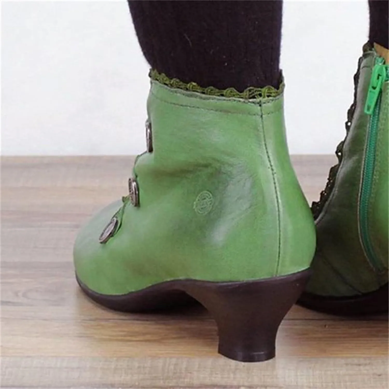 Women's Leather Boots Round Toe Retro Lace Round Buckle Short Boots Low Heel Boots Mens Boots Size 13
