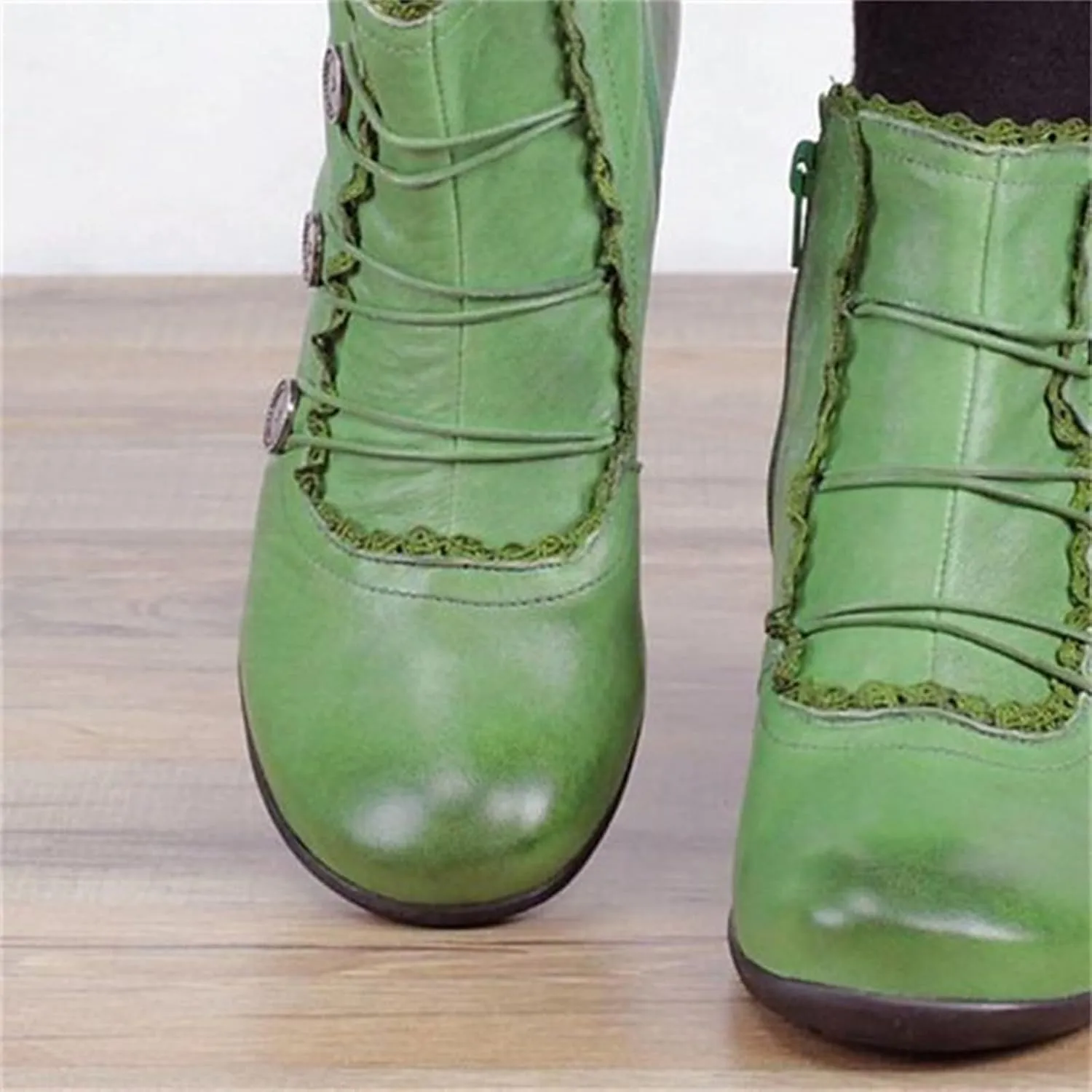 Women's Leather Boots Round Toe Retro Lace Round Buckle Short Boots Low Heel Boots Mens Boots Size 13