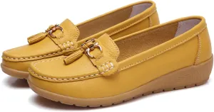 Women's Leather Breathable Moccasins Shoes, Platform Loafers Slip On Moccasins Casual Work Shoes Soft Leather Lightweight Flats Driving Shoes Comfort Walking Shoes(Size:7.5,Color:Yellow)