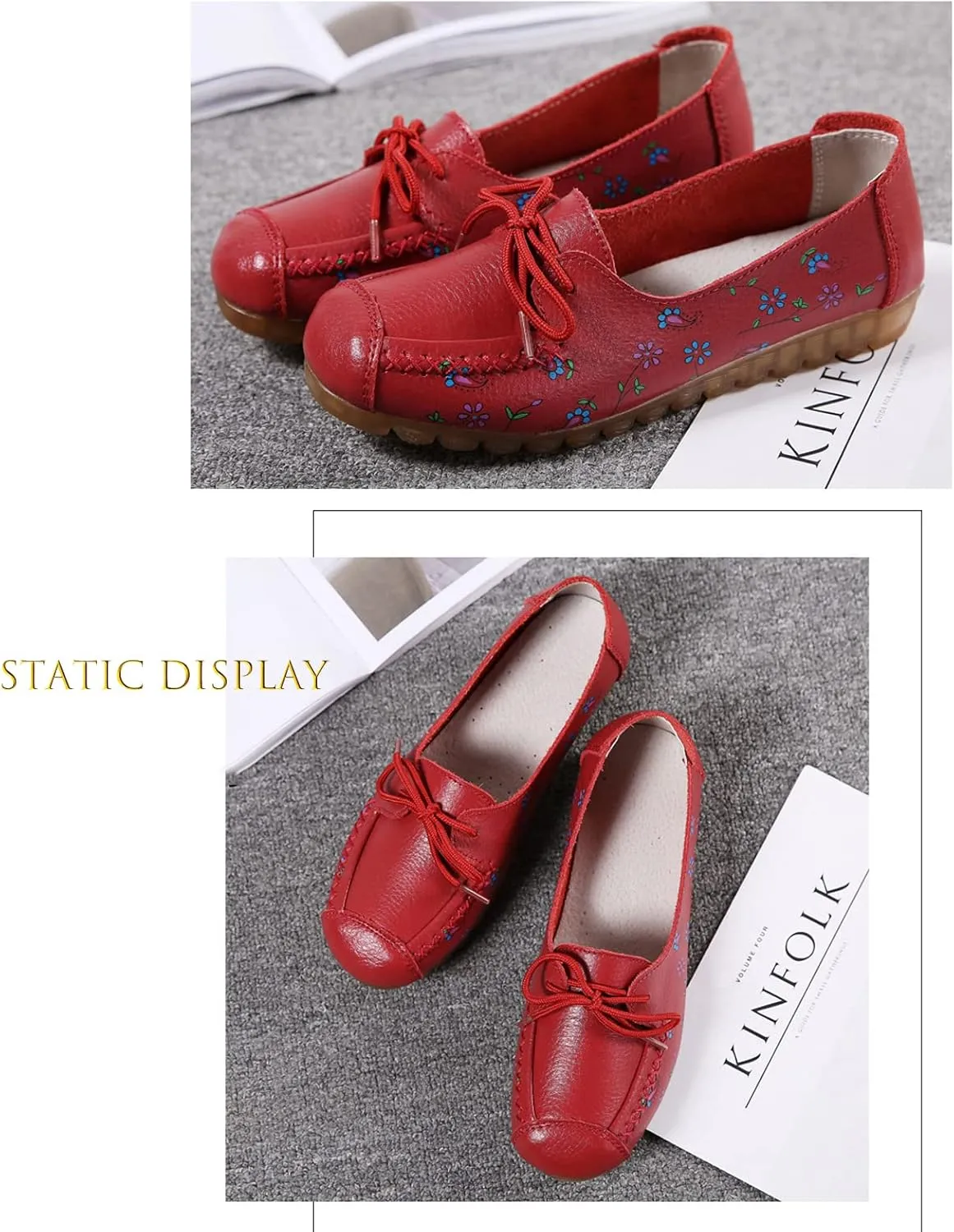 Women's Leather Floral Print Casual Flat Ankle Loafer, Slip-On Non Slip Soft Sole Driving Dress Shoes