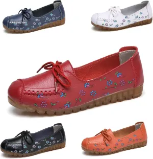 Women's Leather Floral Print Casual Flat Ankle Loafer, Slip-On Non Slip Soft Sole Driving Dress Shoes