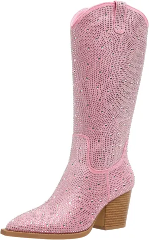 Women's Rhinestone Cowboy Boots Mid Calf Pointed Toe Sparkly Block Heel Cowgirl Boots Knee High Pull-on Boots