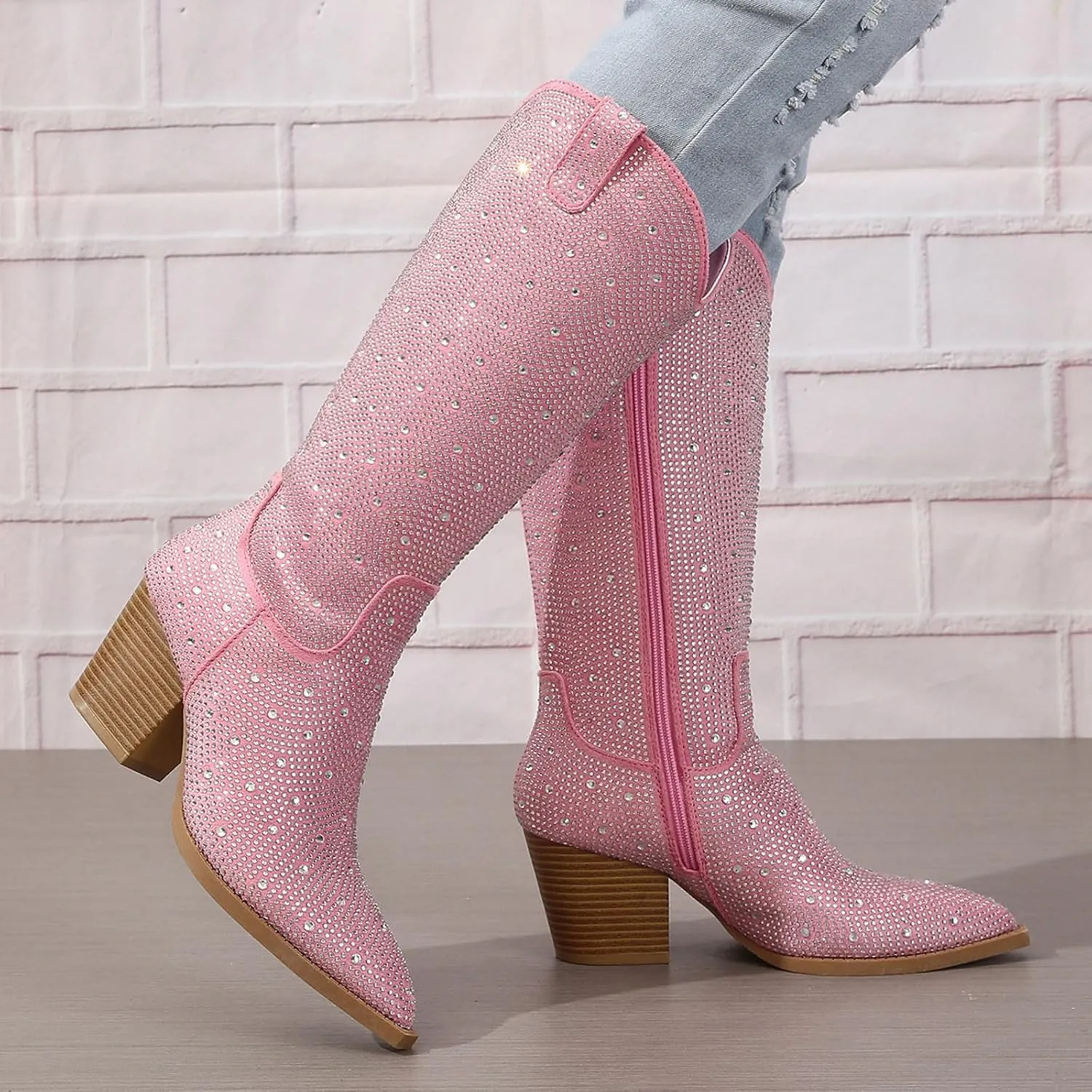 Women's Rhinestone Cowboy Boots Mid Calf Pointed Toe Sparkly Block Heel Cowgirl Boots Knee High Pull-on Boots