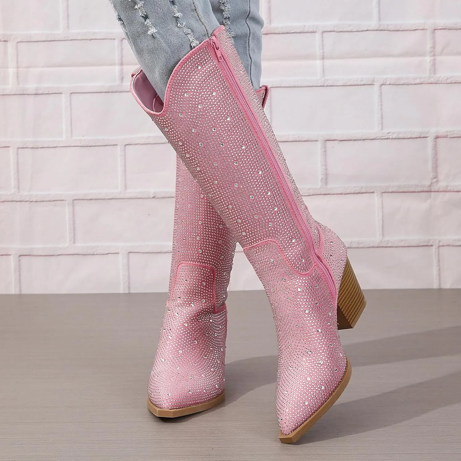 Women's Rhinestone Cowboy Boots Mid Calf Pointed Toe Sparkly Block Heel Cowgirl Boots Knee High Pull-on Boots
