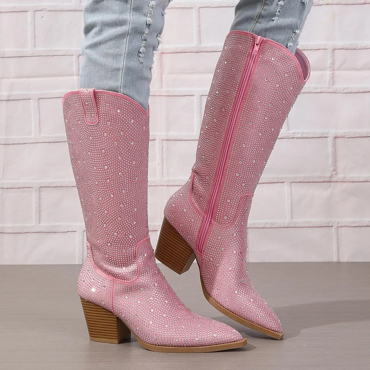 Women's Rhinestone Cowboy Boots Mid Calf Pointed Toe Sparkly Block Heel Cowgirl Boots Knee High Pull-on Boots