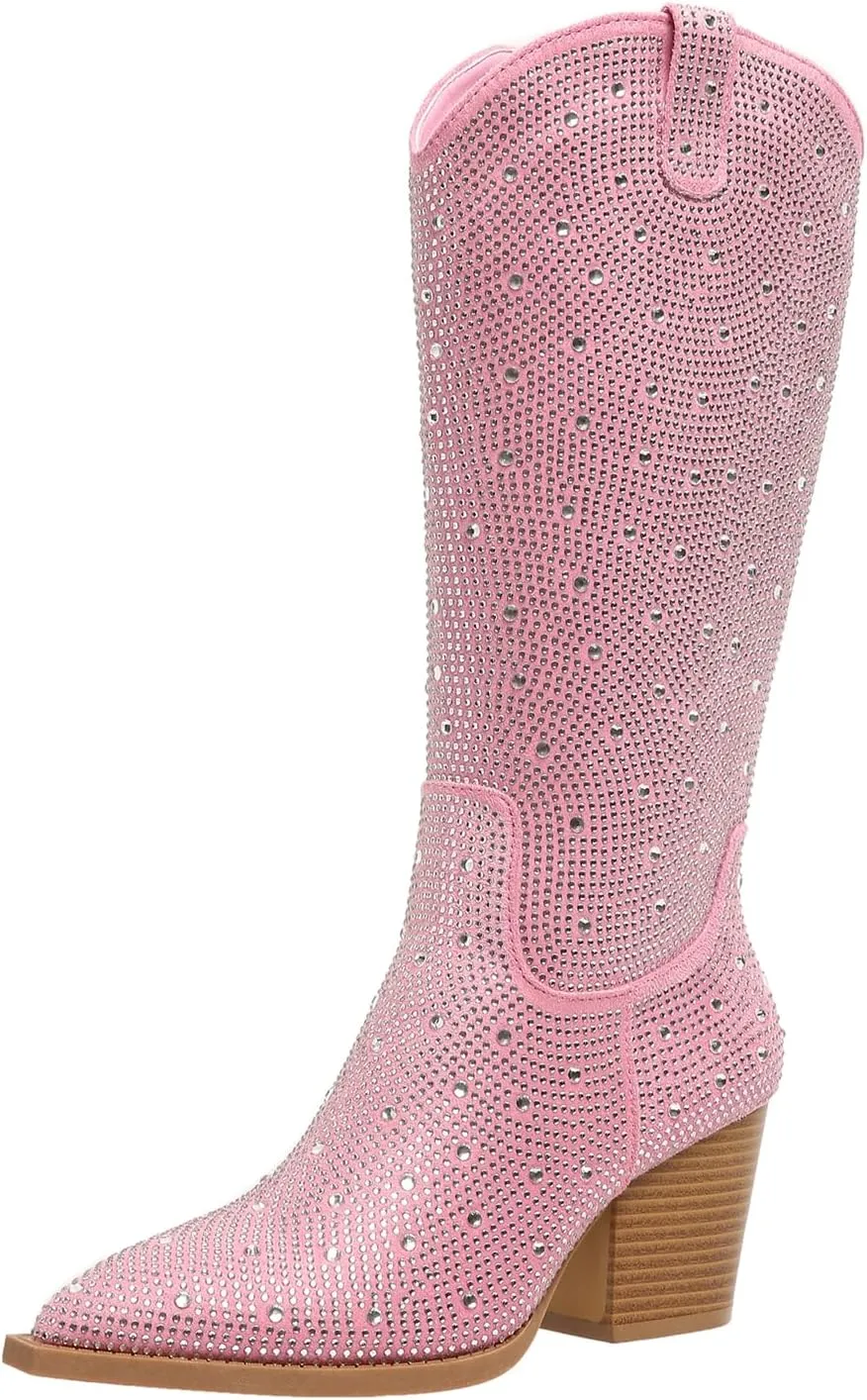Women's Rhinestone Cowboy Boots Mid Calf Pointed Toe Sparkly Block Heel Cowgirl Boots Knee High Pull-on Boots