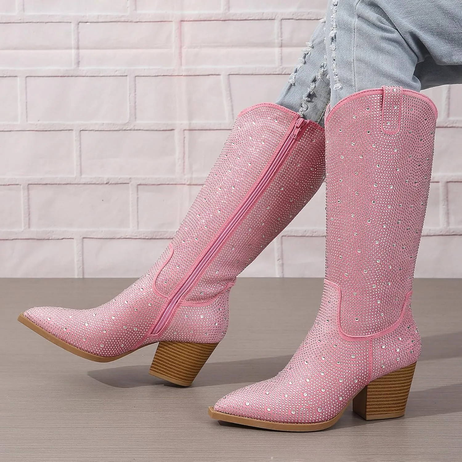 Women's Rhinestone Cowboy Boots Mid Calf Pointed Toe Sparkly Block Heel Cowgirl Boots Knee High Pull-on Boots