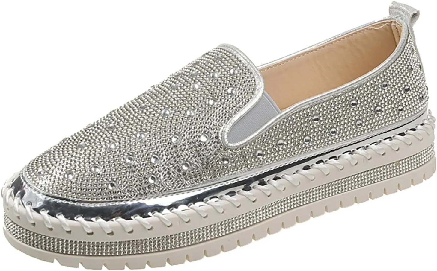 Women's Rhinestone Loafers Soft Thick Bottom Sparkly Banquet Shoes Cushioned Slip-On Ballet Casual Shoes for Men with