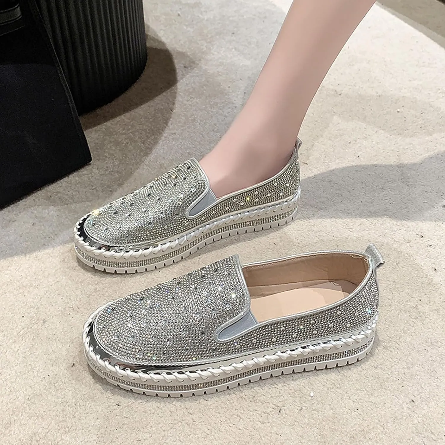 Women's Rhinestone Loafers Soft Thick Bottom Sparkly Banquet Shoes Cushioned Slip-On Ballet Casual Shoes for Men with
