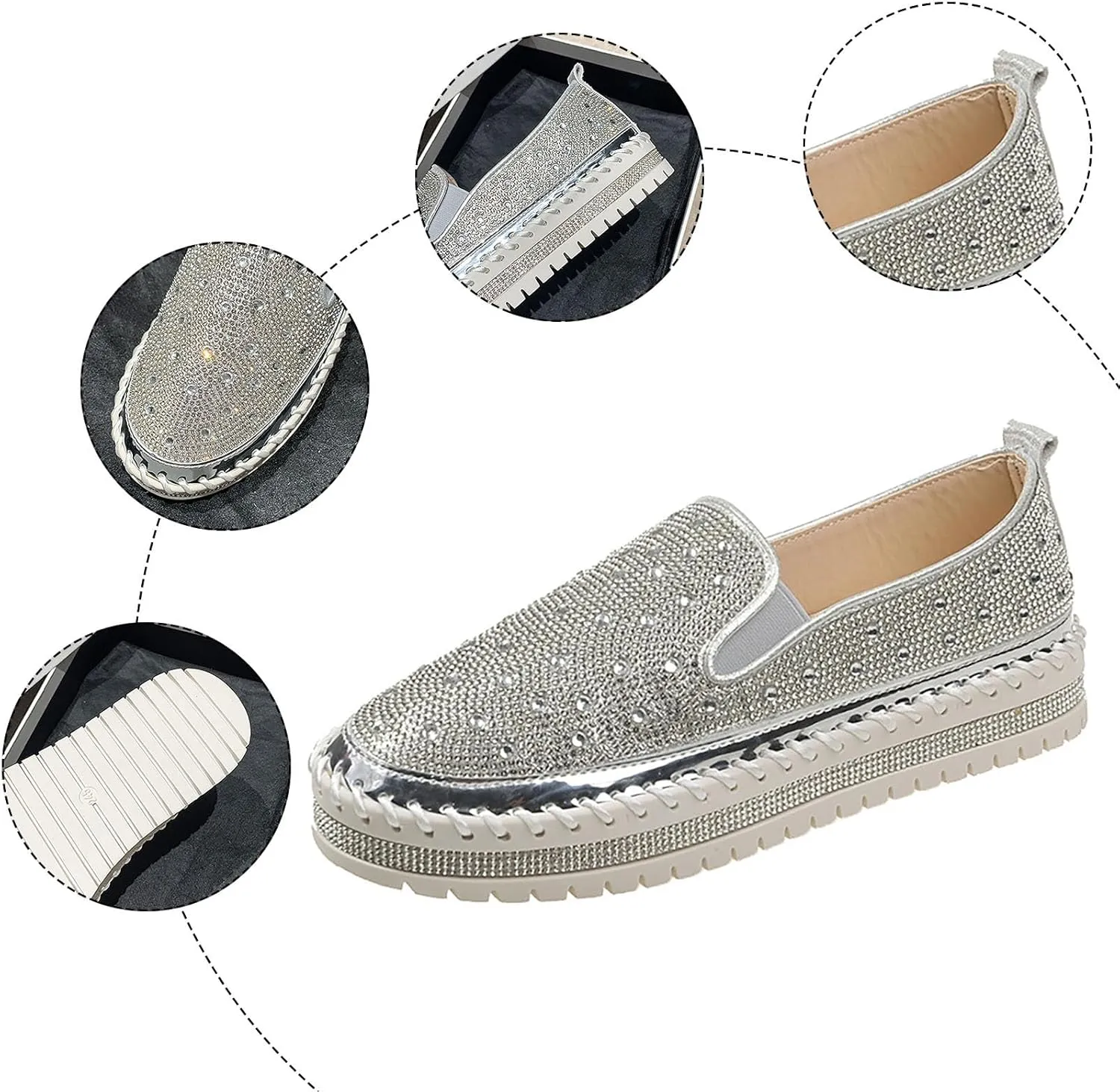 Women's Rhinestone Loafers Soft Thick Bottom Sparkly Banquet Shoes Cushioned Slip-On Ballet Casual Shoes for Men with