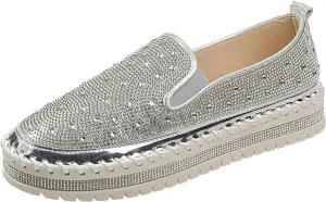 Women's Rhinestone Loafers Soft Thick Bottom Sparkly Banquet Shoes Cushioned Slip-On Ballet Casual Shoes for Men with