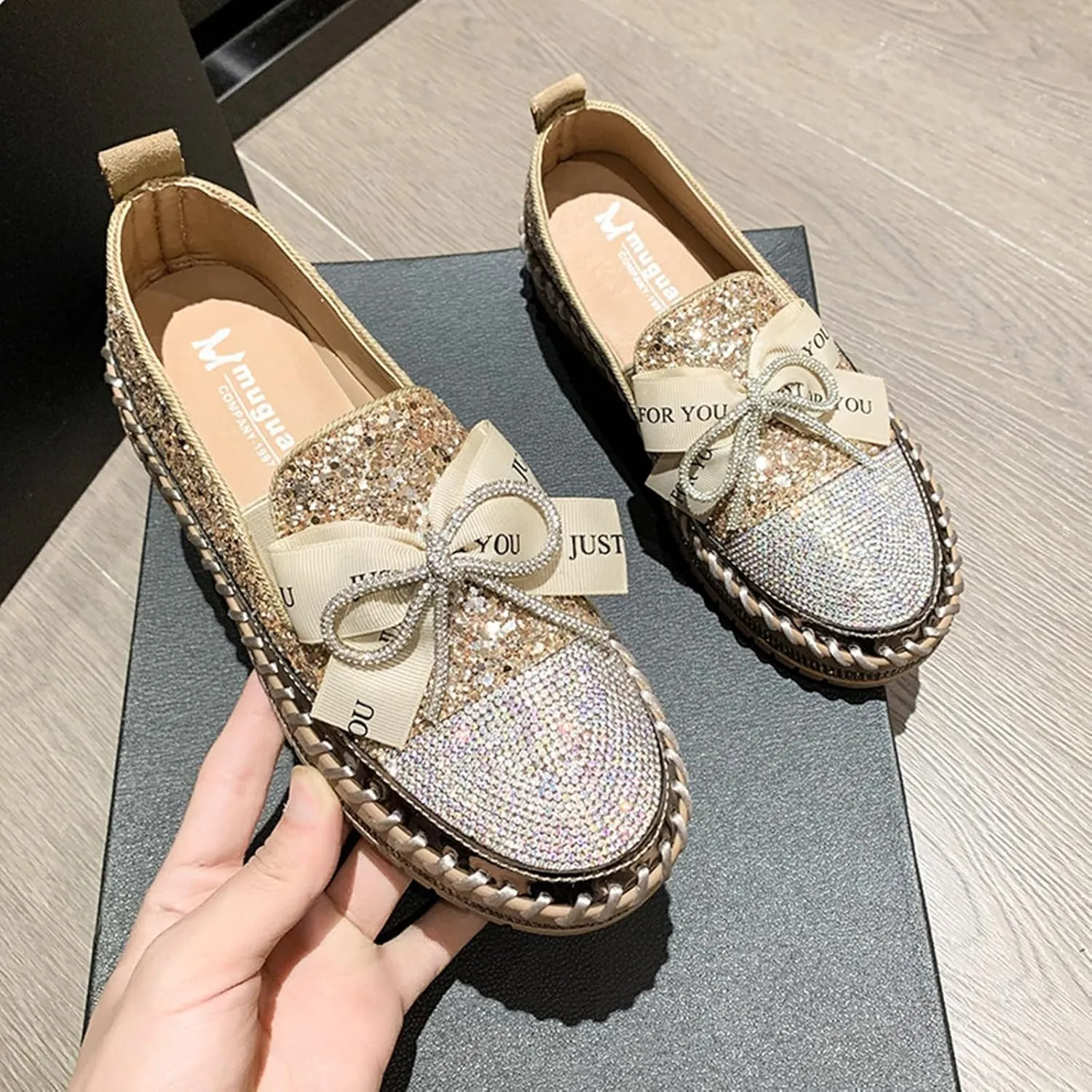 Women's Rhinestones Glitter Platform Slip On Sneakers Casual Cute Bowknot Shiny Walking Shoes Non-Slip Comfortable Dress Flat Loafers