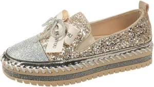Women's Rhinestones Glitter Platform Slip On Sneakers Casual Cute Bowknot Shiny Walking Shoes Non-Slip Comfortable Dress Flat Loafers