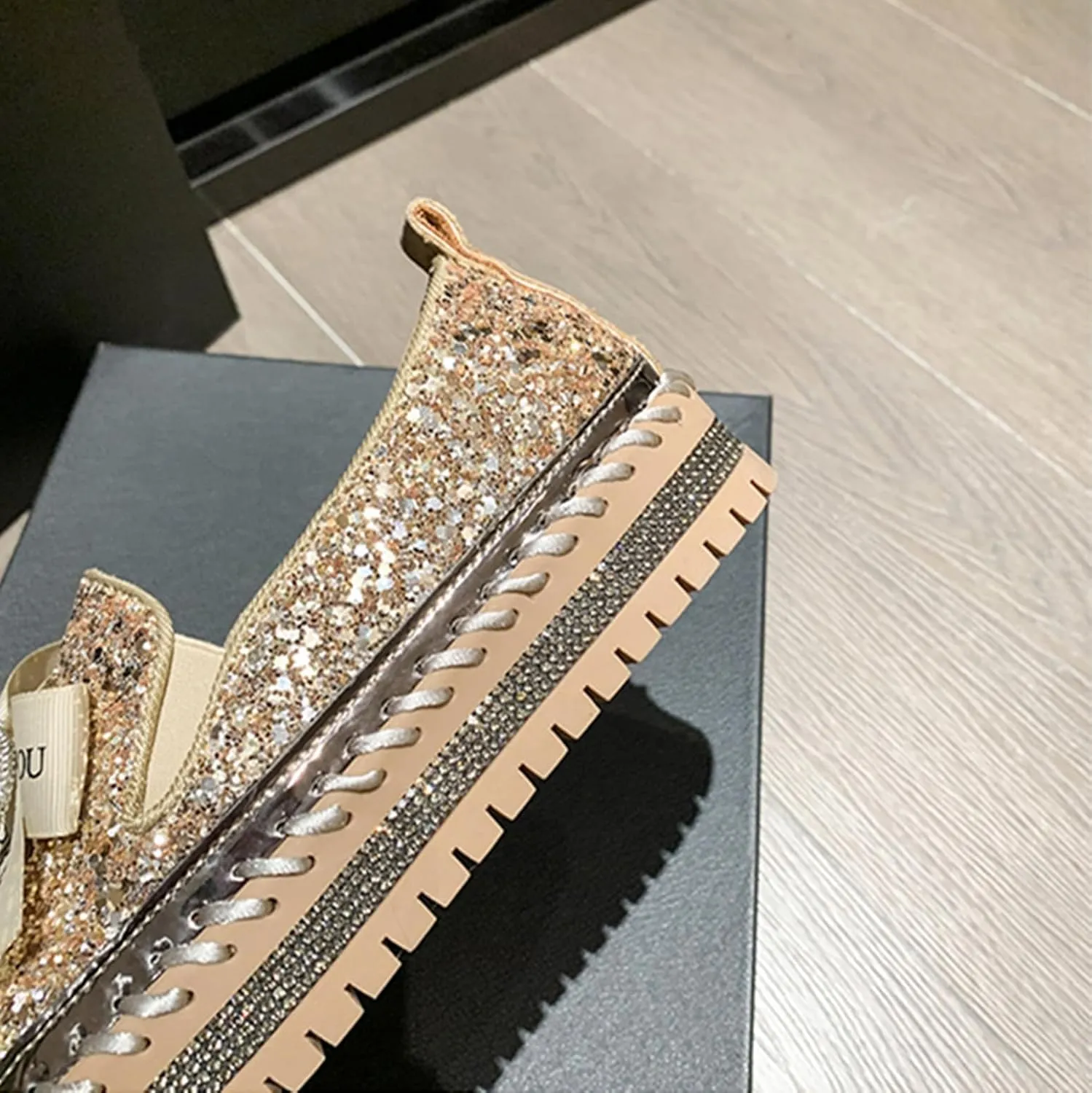 Women's Rhinestones Glitter Platform Slip On Sneakers Casual Cute Bowknot Shiny Walking Shoes Non-Slip Comfortable Dress Flat Loafers