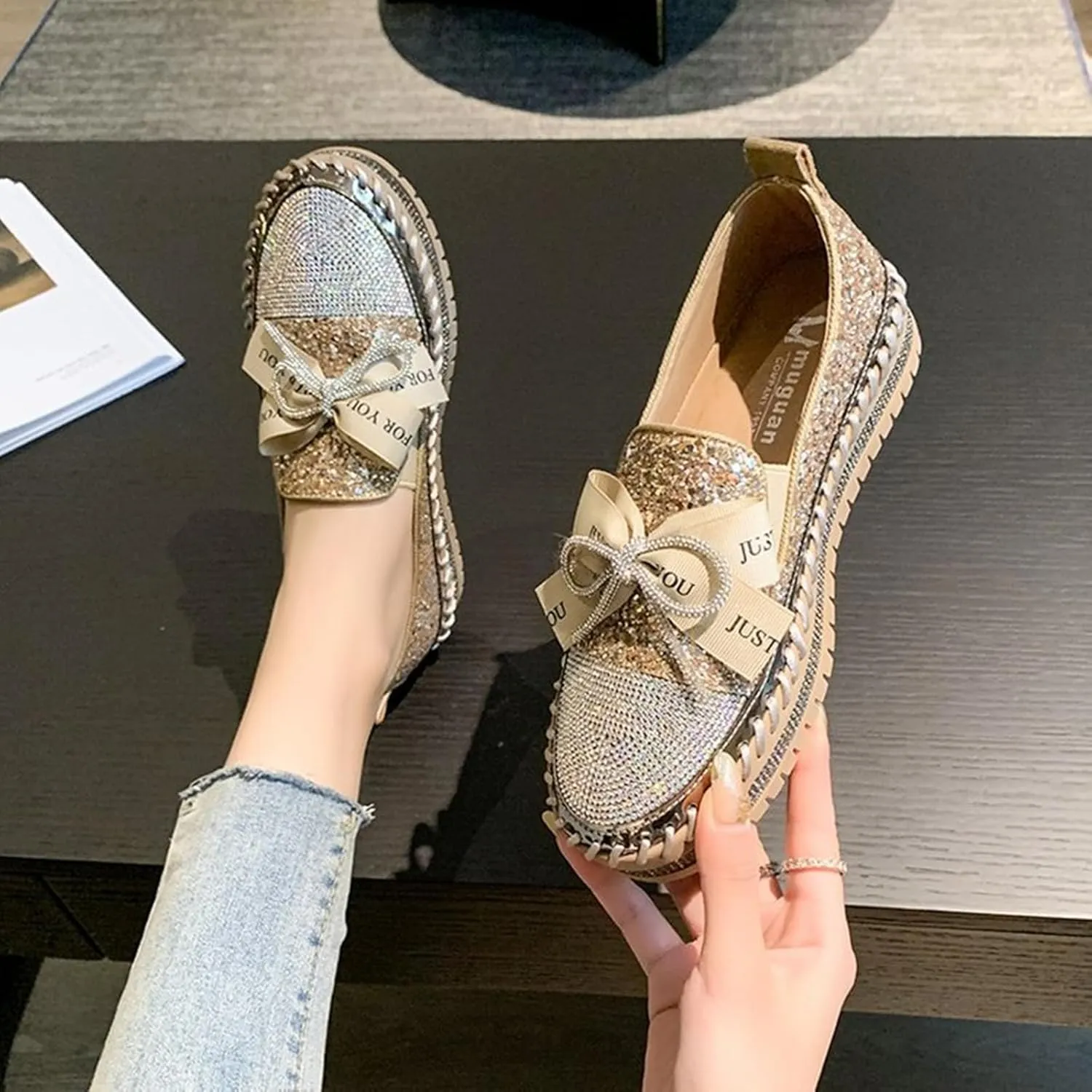 Women's Rhinestones Glitter Platform Slip On Sneakers Casual Cute Bowknot Shiny Walking Shoes Non-Slip Comfortable Dress Flat Loafers
