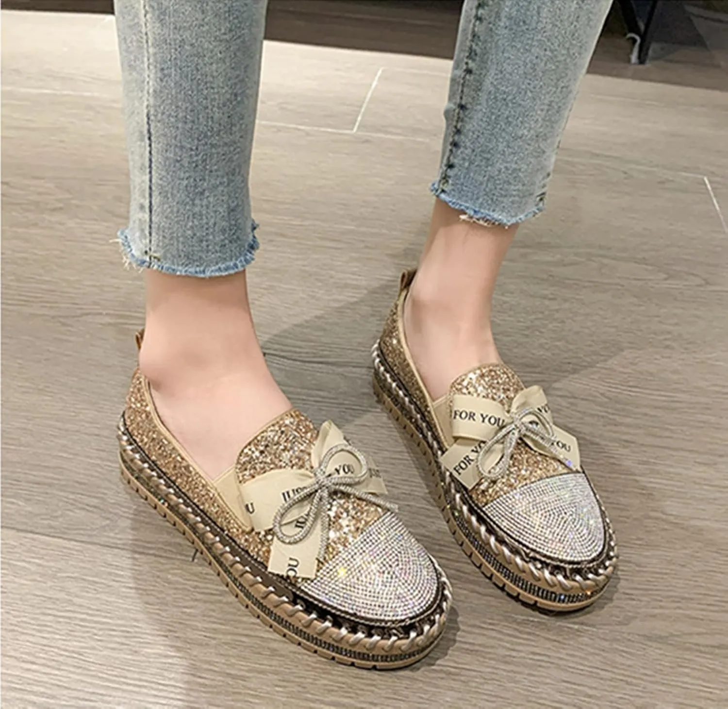Women's Rhinestones Glitter Platform Slip On Sneakers Casual Cute Bowknot Shiny Walking Shoes Non-Slip Comfortable Dress Flat Loafers