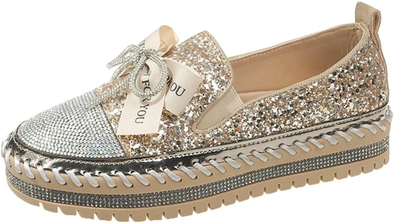 Women's Rhinestones Glitter Platform Slip On Sneakers Casual Cute Bowknot Shiny Walking Shoes Non-Slip Comfortable Dress Flat Loafers