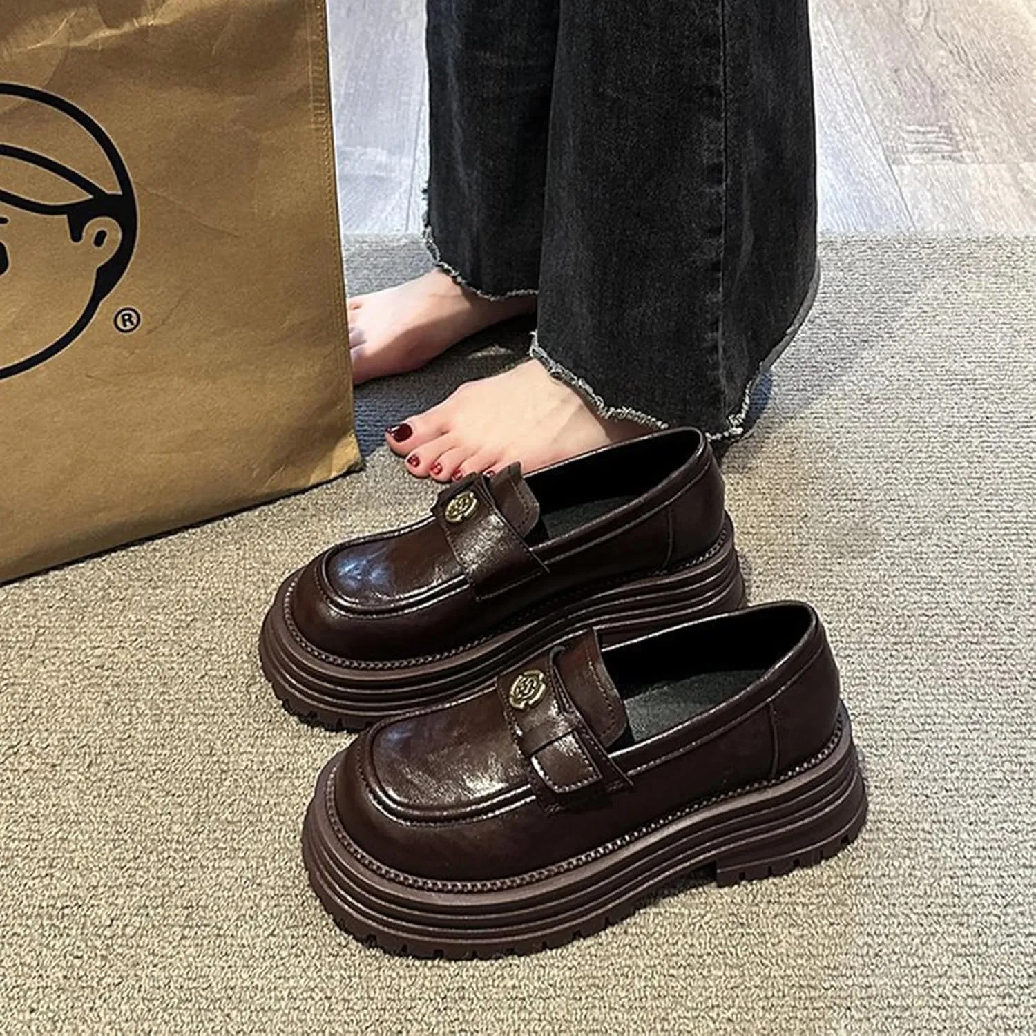 Women's Spring Vintage Platform Slip-On Loafers - Stylish Thick-Soled Leather Shoes in Collection for A Retro Look