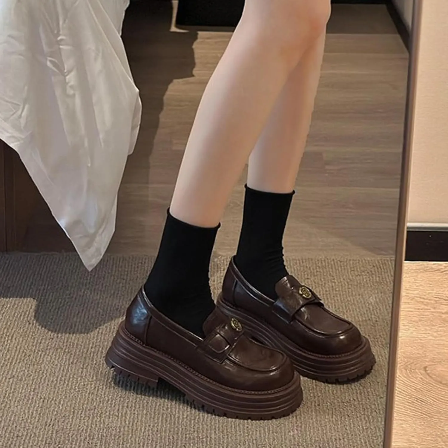 Women's Spring Vintage Platform Slip-On Loafers - Stylish Thick-Soled Leather Shoes in Collection for A Retro Look