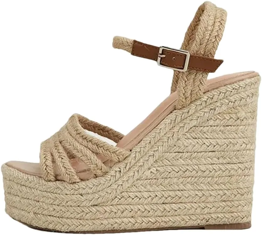 Womens Summer Espadrille Heel Platform Wedge Sandals Hemp Rope Outsole Comfort Csaual Shoes