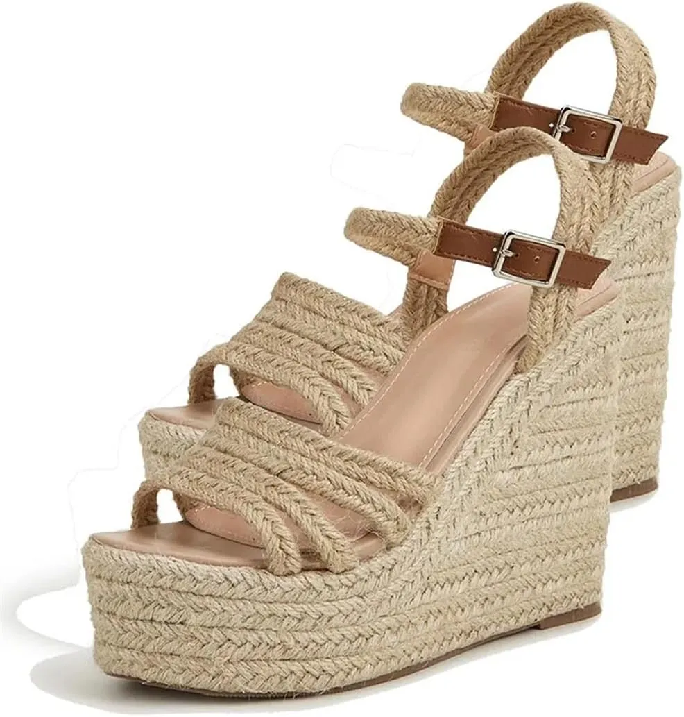 Womens Summer Espadrille Heel Platform Wedge Sandals Hemp Rope Outsole Comfort Csaual Shoes