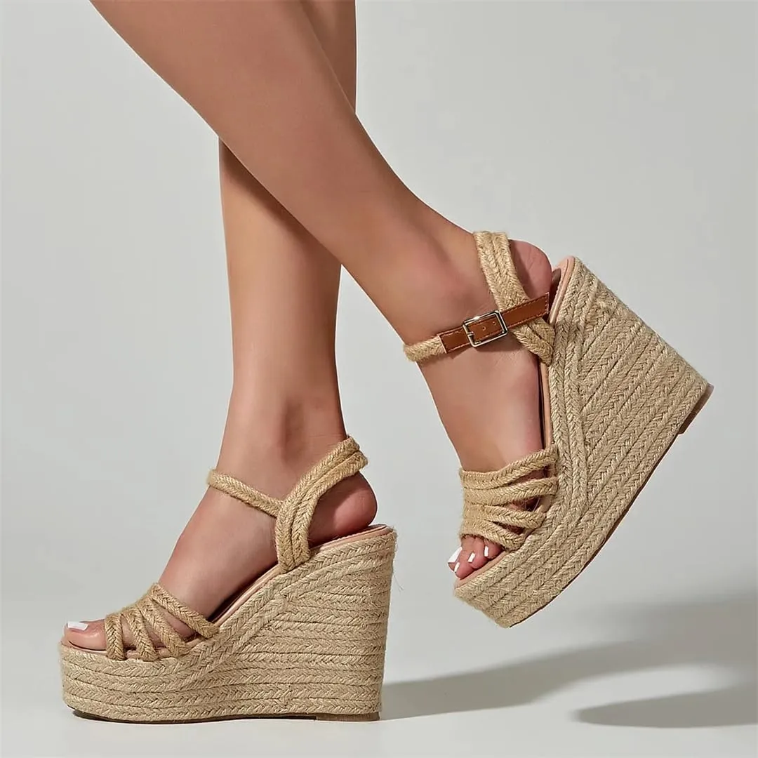 Womens Summer Espadrille Heel Platform Wedge Sandals Hemp Rope Outsole Comfort Csaual Shoes