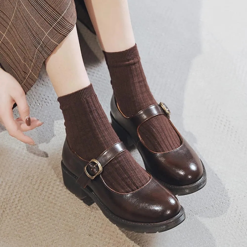 Women's Vintage Black/Brown Mary Jane Flats JK Uniform Dress Shoes