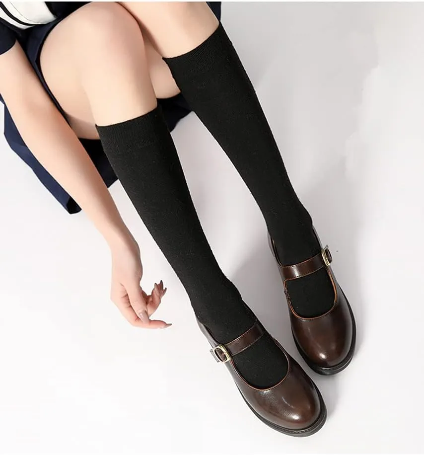 Women's Vintage Black/Brown Mary Jane Flats JK Uniform Dress Shoes