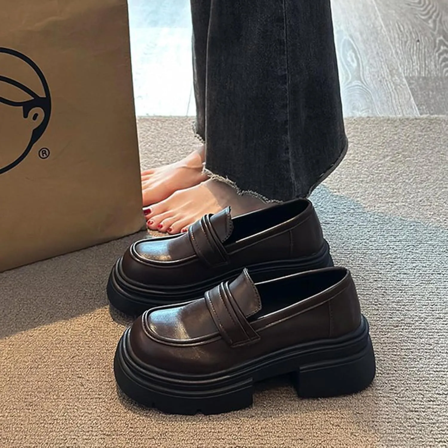 Women's Vintage Mary Jane Loafers with Thick Sole for Spring, Retro Chunky Heel Slip-On Leather Shoes - Classic and Comfortable Style,Brown-36