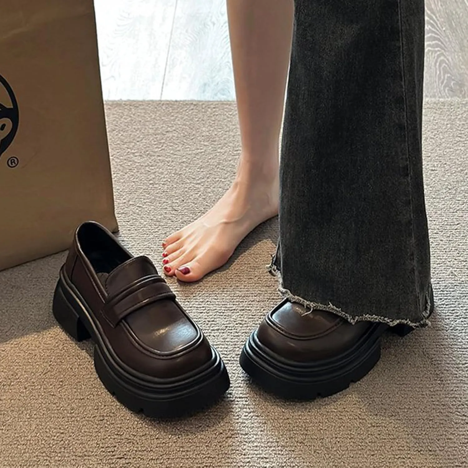 Women's Vintage Mary Jane Loafers with Thick Sole for Spring, Retro Chunky Heel Slip-On Leather Shoes - Classic and Comfortable Style,Brown-36