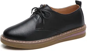 Women's Vintage Oxford Shoe，Perforated Lace-up Round Toe Leather Low Heel Classic Brogues Shoe
