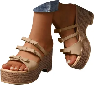 ZSpzx Block Heel Sandals for Women,Women's Wedge Comfortable Open Toe Platform Knot Casual Dressy Summer Dress Shoes Strappy High Heels Heeled Slippers Backless Mules Slide Sandal for Daily Wear