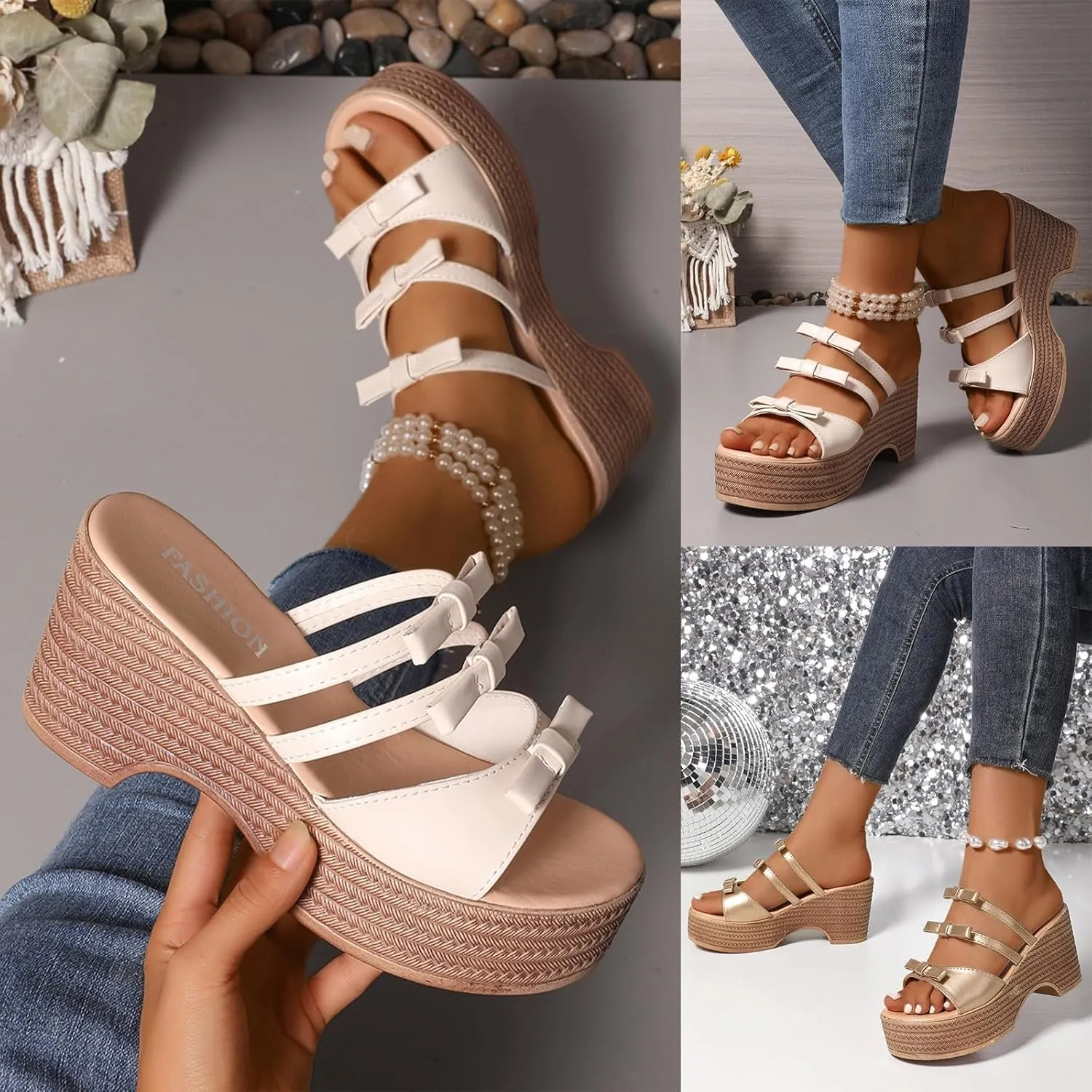 ZSpzx Block Heel Sandals for Women,Women's Wedge Comfortable Open Toe Platform Knot Casual Dressy Summer Dress Shoes Strappy High Heels Heeled Slippers Backless Mules Slide Sandal for Daily Wear