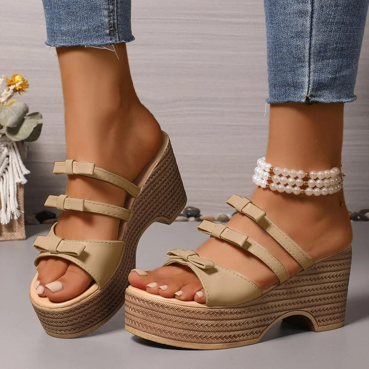 ZSpzx Block Heel Sandals for Women,Women's Wedge Comfortable Open Toe Platform Knot Casual Dressy Summer Dress Shoes Strappy High Heels Heeled Slippers Backless Mules Slide Sandal for Daily Wear