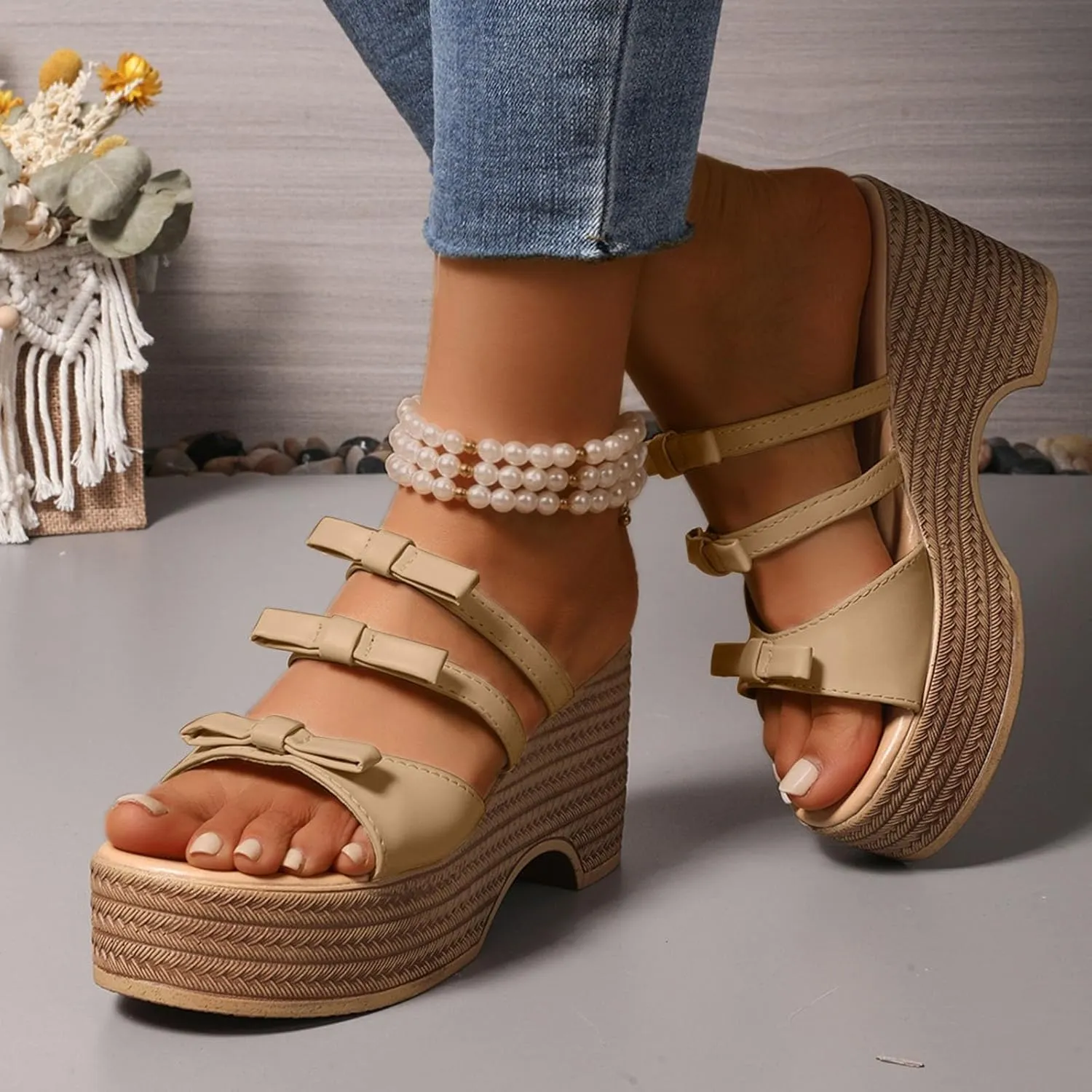 ZSpzx Block Heel Sandals for Women,Women's Wedge Comfortable Open Toe Platform Knot Casual Dressy Summer Dress Shoes Strappy High Heels Heeled Slippers Backless Mules Slide Sandal for Daily Wear